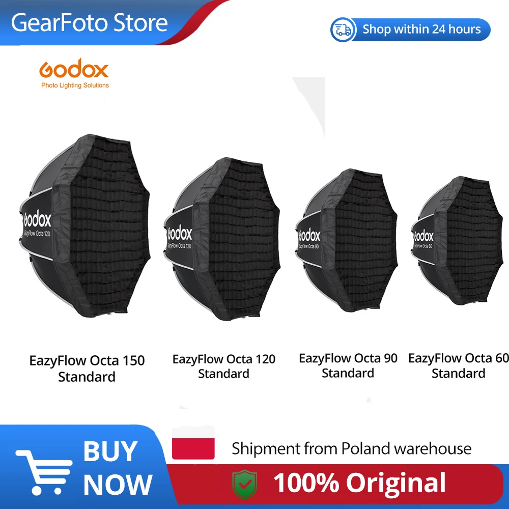 Godox Eazyflow Octa 60, softbox pieghevole da 60 cm, 90 cm, 120 cm, 150 cm, facile da montare, diffusore di luce portatile per studi fotografici.