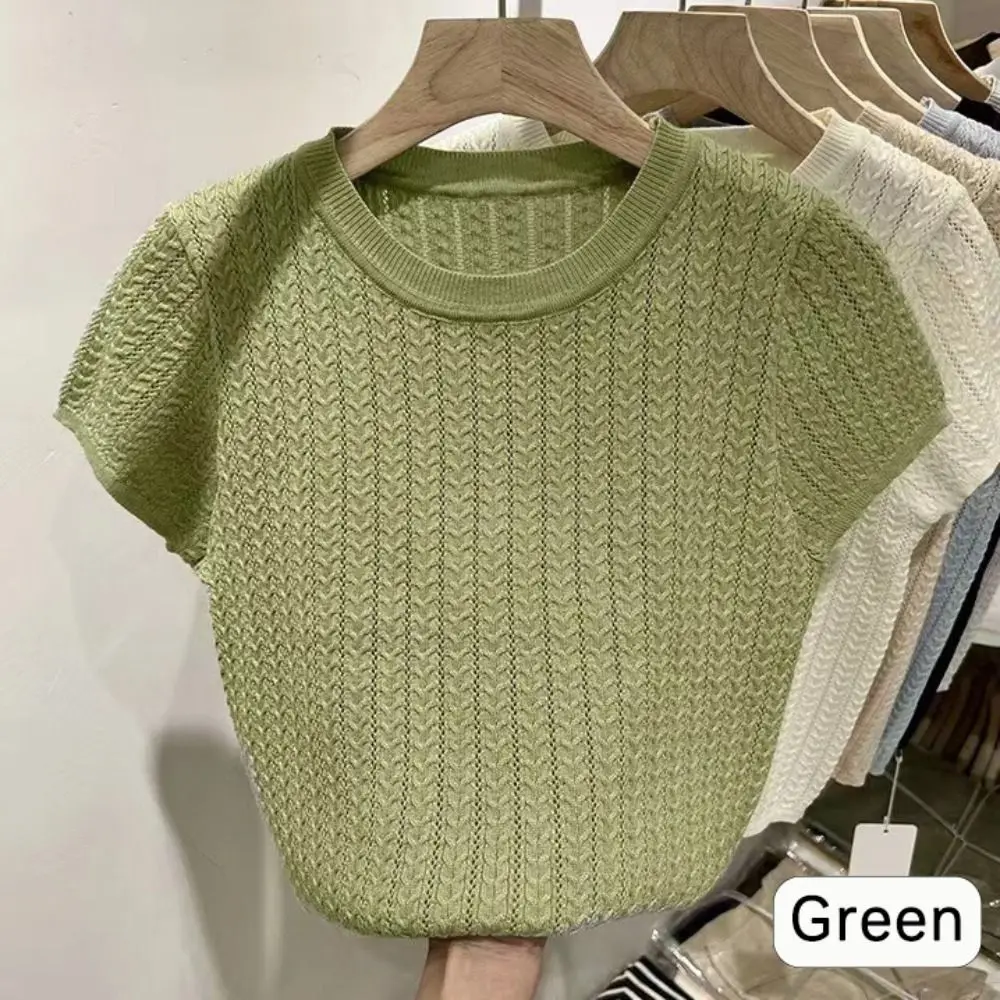 Elegant Twisted Stitch Knitted T Shirt Ice Silk Hollow Crop Top Slim Fit Short Sleeves Shirt