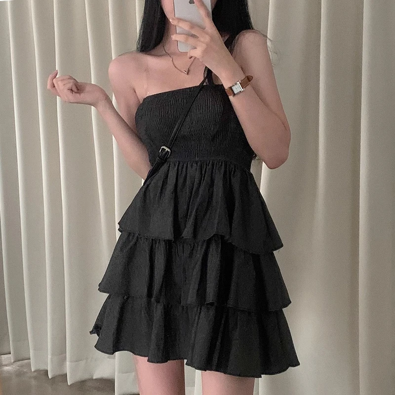 シックなレトロワンショルダー弾性痩身ソリッドカラースプライスケーキスカートスタイルの女性のドレス韓国ハイウエストショートスカート