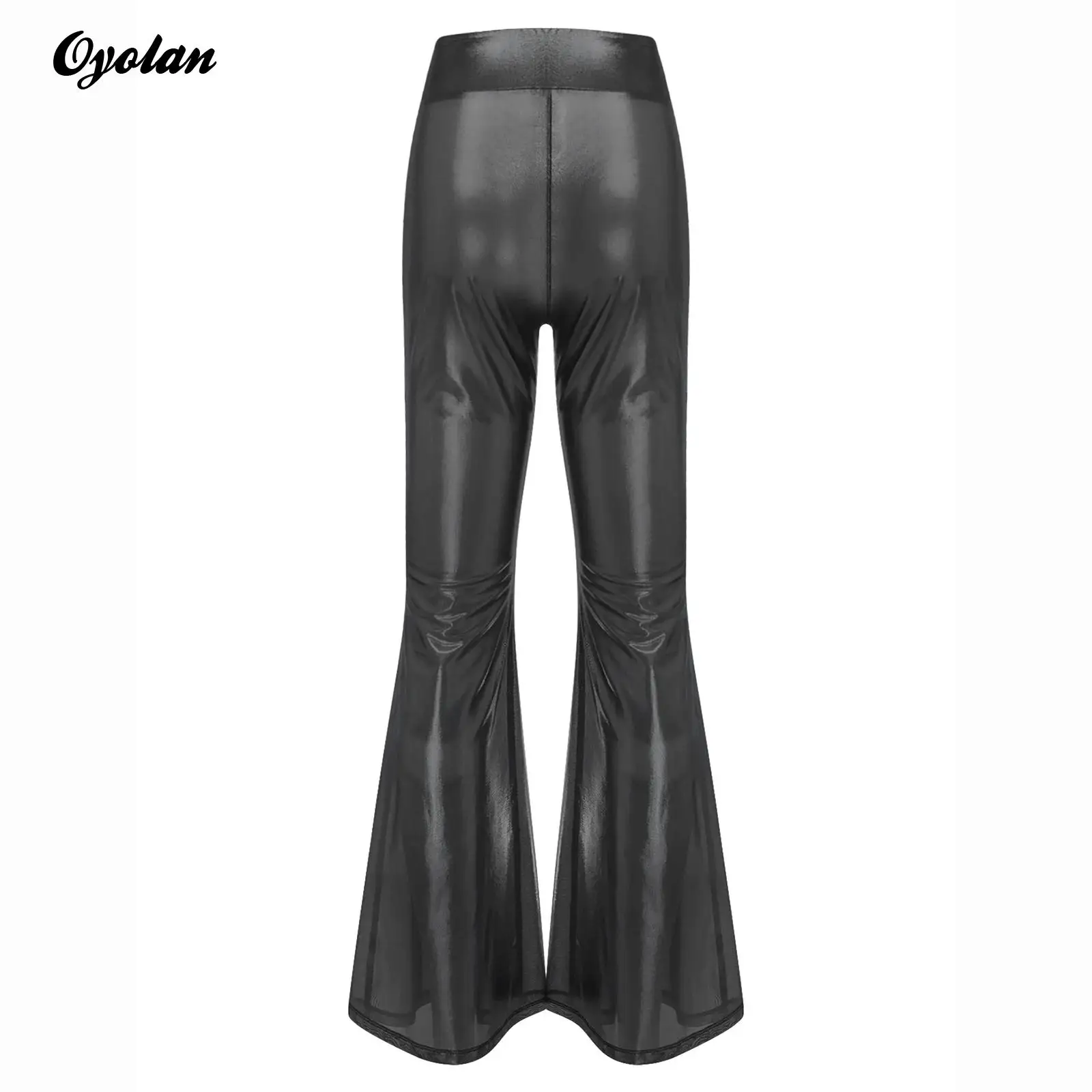 

Women See Through Ruffle Wide Leg Pants Shiny Metallic Bell Bottoms High Waist Flared Pants Bar Nightclub Trousers Disco Costume