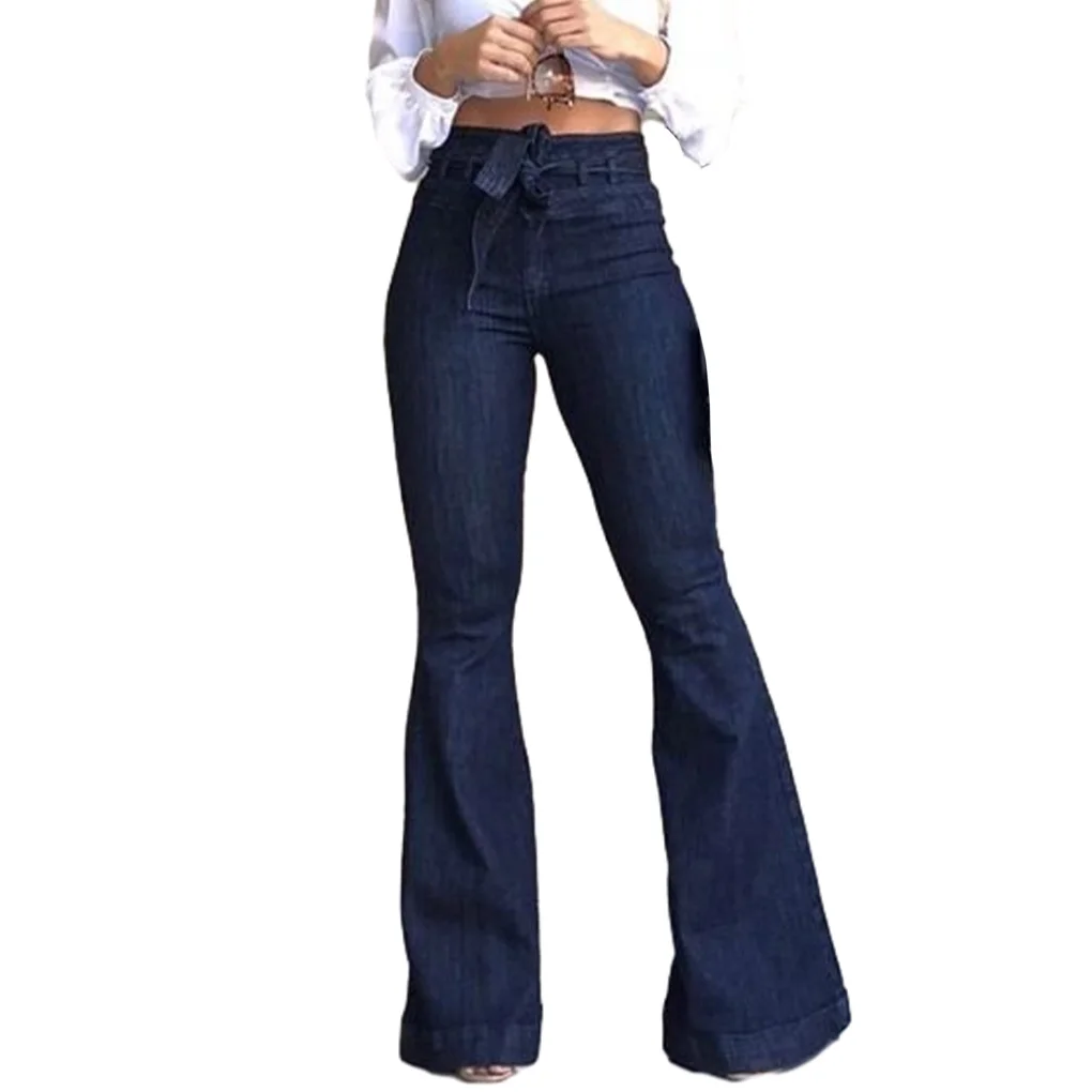 

Women Wide Leg Denim Jeans High Waist Flared Pants Solid Color Elastic Spring Jean Stretch Trousers Office Dating