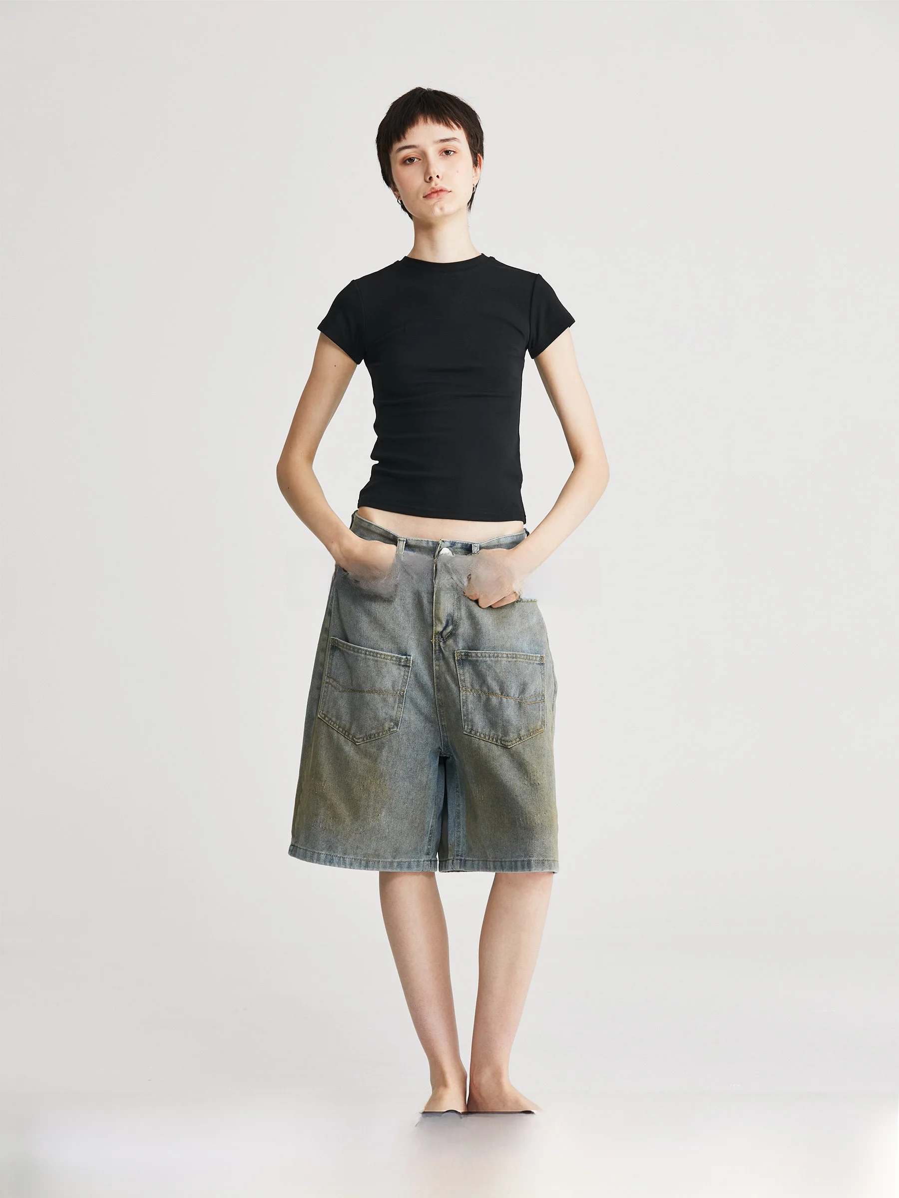 

Ретро джинсовые шорты с эффектом потертости, летние, А-силуэт, широкие, повседневные, с естественной талией, износостойкие, комплект из шести предметов