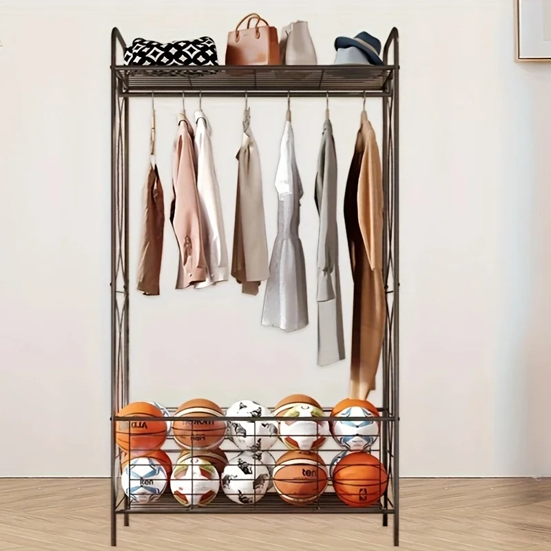 

Sturdy Metal Clothing Rack - Freestanding Coat & Garment Organizer with Storage Shelf & Basket - Heavy Duty, Space-Saving Design