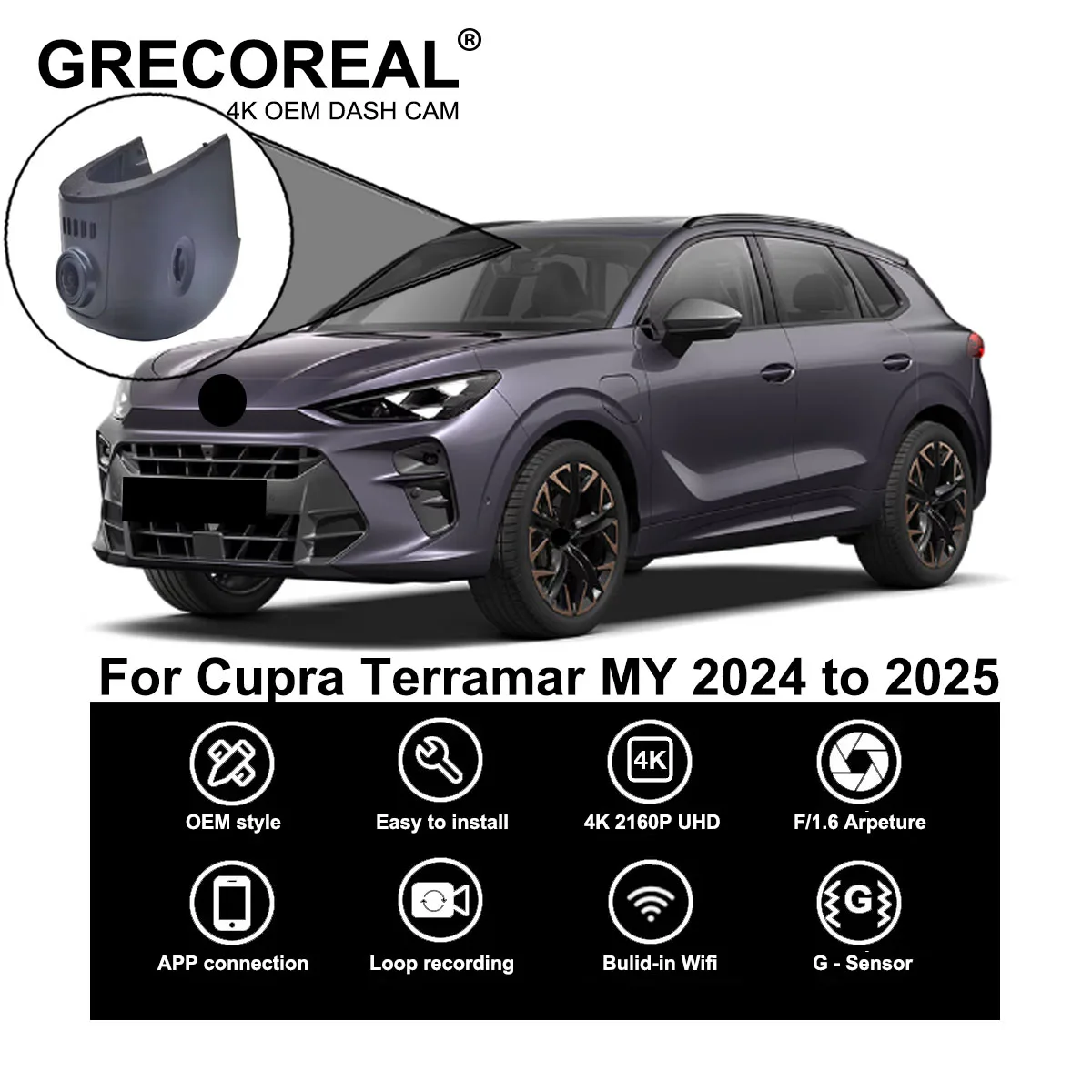 

GRECOREAL 4K Dash Cam Front and Rear WiFi Dual Camera Dashcam APP Control Easy Install Plug Play Compatible with Cupra Terramar