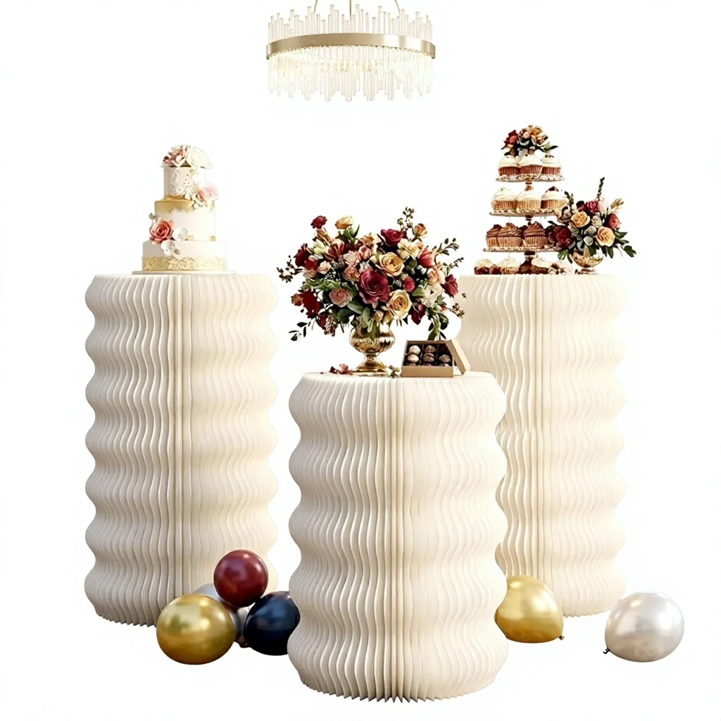 Folding Kraft Paper Cylinder Pedestal Stands For Wedding Aisle Party Banquet & Proposal Decor-White 3-Piece Indoor Use