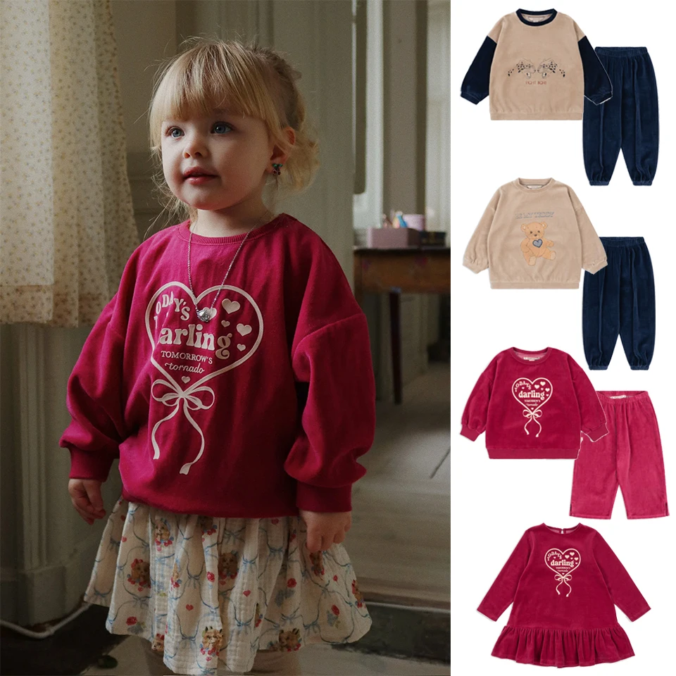 

Осень KS 2021, милое бархатное платье для девочек, толстовки с принтом сердца, брюки, мягкие толстовки для мальчиков, брюки, детская верхняя одежда, комплект детской одежды