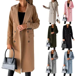 Autumn/Winter Simple Long Sleeve Lapel Solid Color Double-breasted Slim Jacket Coat Women
