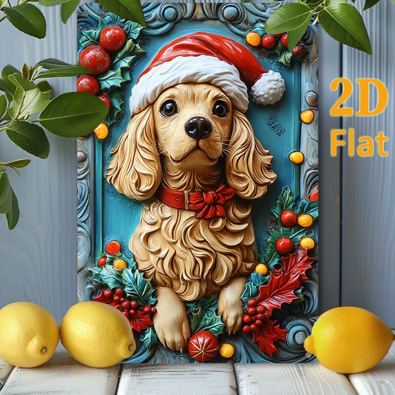 Festive Cocker Spaniel Dog Tin Wall Art, 3D Relief Metal Tin Sign with Santa Hat, Seasonal Home Decor for Warm And Festive Bed