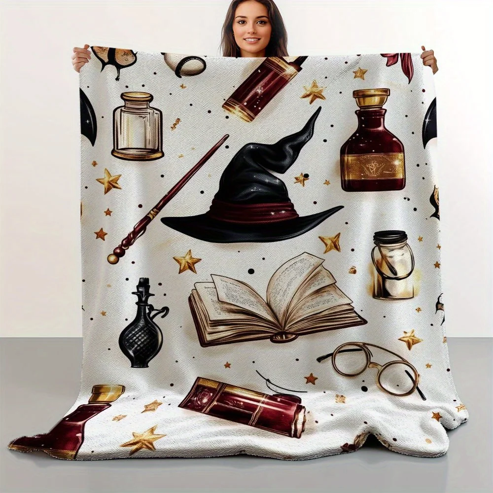 

1 Thick flannel blanket suitable for all seasons, soft magic shawl, with patterns of magic wand, owl, medicine bottle and cup