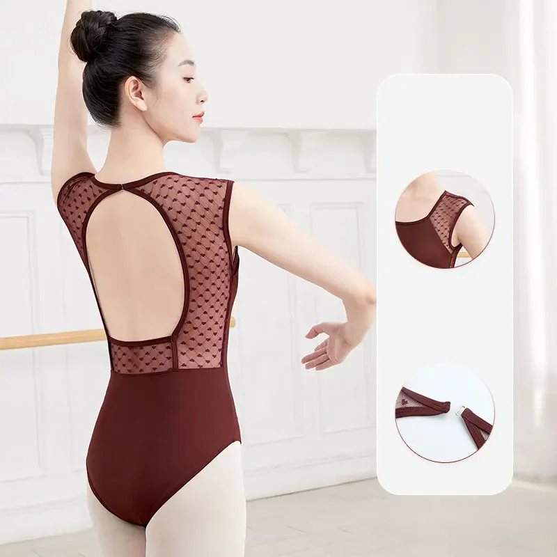 ثياب الجمباز ثياب الباليه بلا أكمام امرأة الرقص ارتداءها النايلون الدانتيل لصق الجوف الظهر ثياب الرقص #5