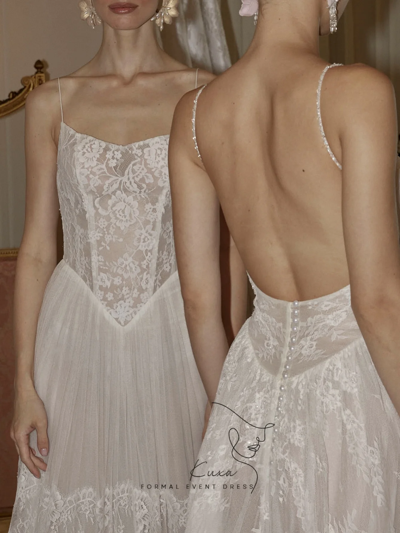 KUXA Customized Spaghetti Straps Wedding Dress Floral Lace A‑Line Bridal Gown Deep V Back Button Closure Long Train Romantic