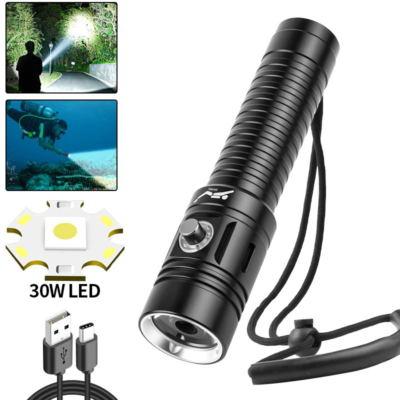 30W Scuba Diving Flashlight with Rechargeable Dive Light Underwater Flashlights Waterproof 4 Modes Scuba Safety Light Dive Lamp