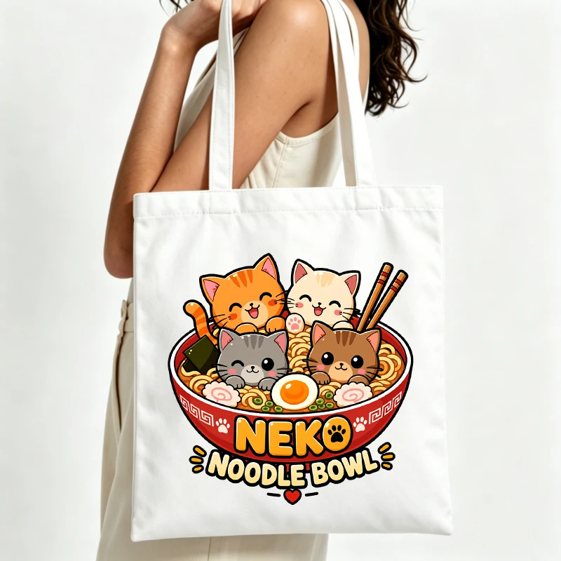 Women's canvas tote bag with cute cat and noodle bowl graphic, casual style for daily shopping and outings