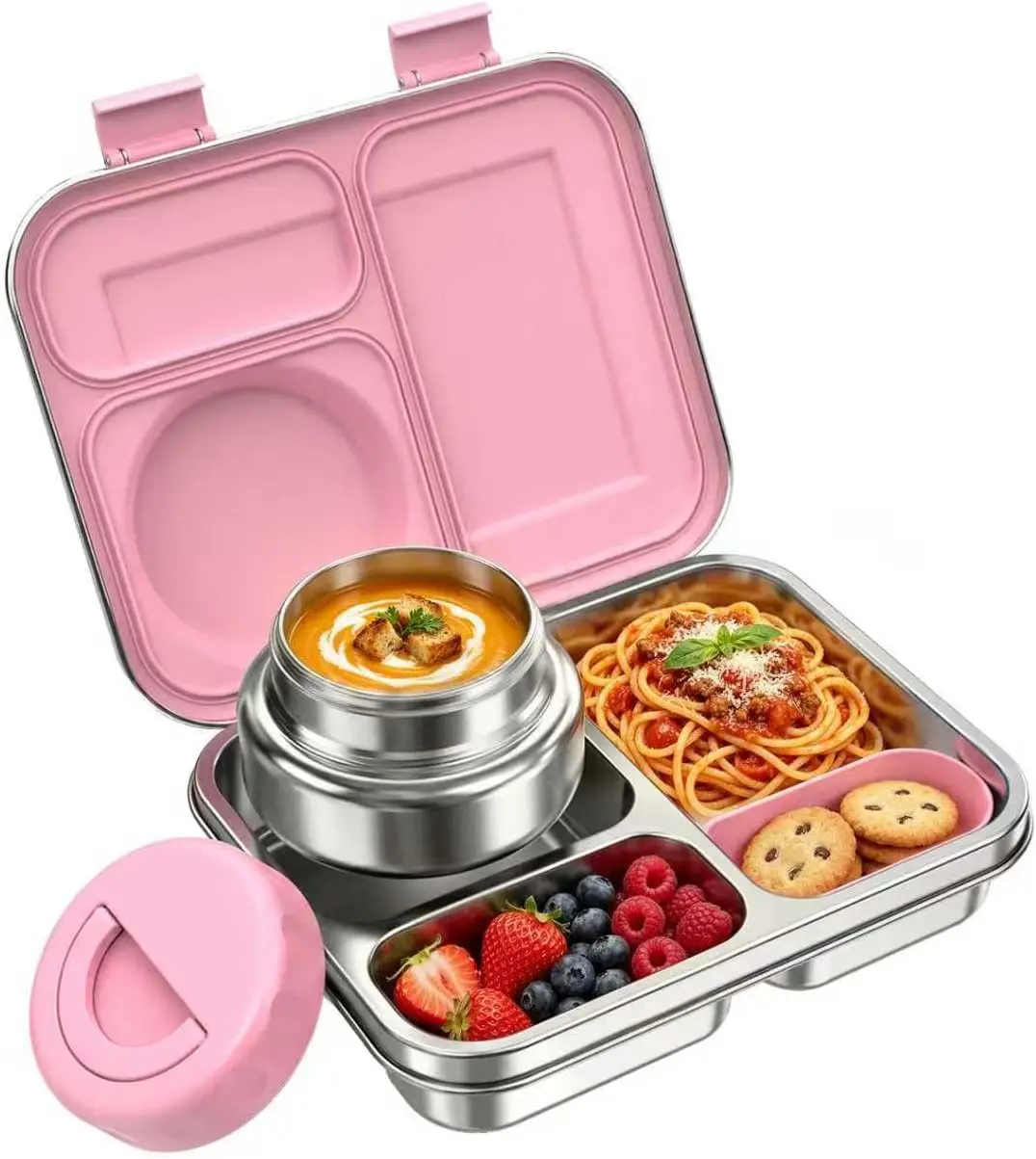 3-Compartment Stainless Steel Bento Lunch Box with 8oz Insulated Food Jar, Leak-Proof Metal Container for Kids & Adults, BPA-Free Pink