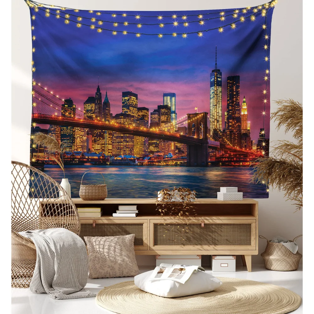 New York Tapestry Modern Night City Scenery Wall Hanging Skyscrapers Buildings Tapestries Bedroom Living Room Decor Wall Blanket