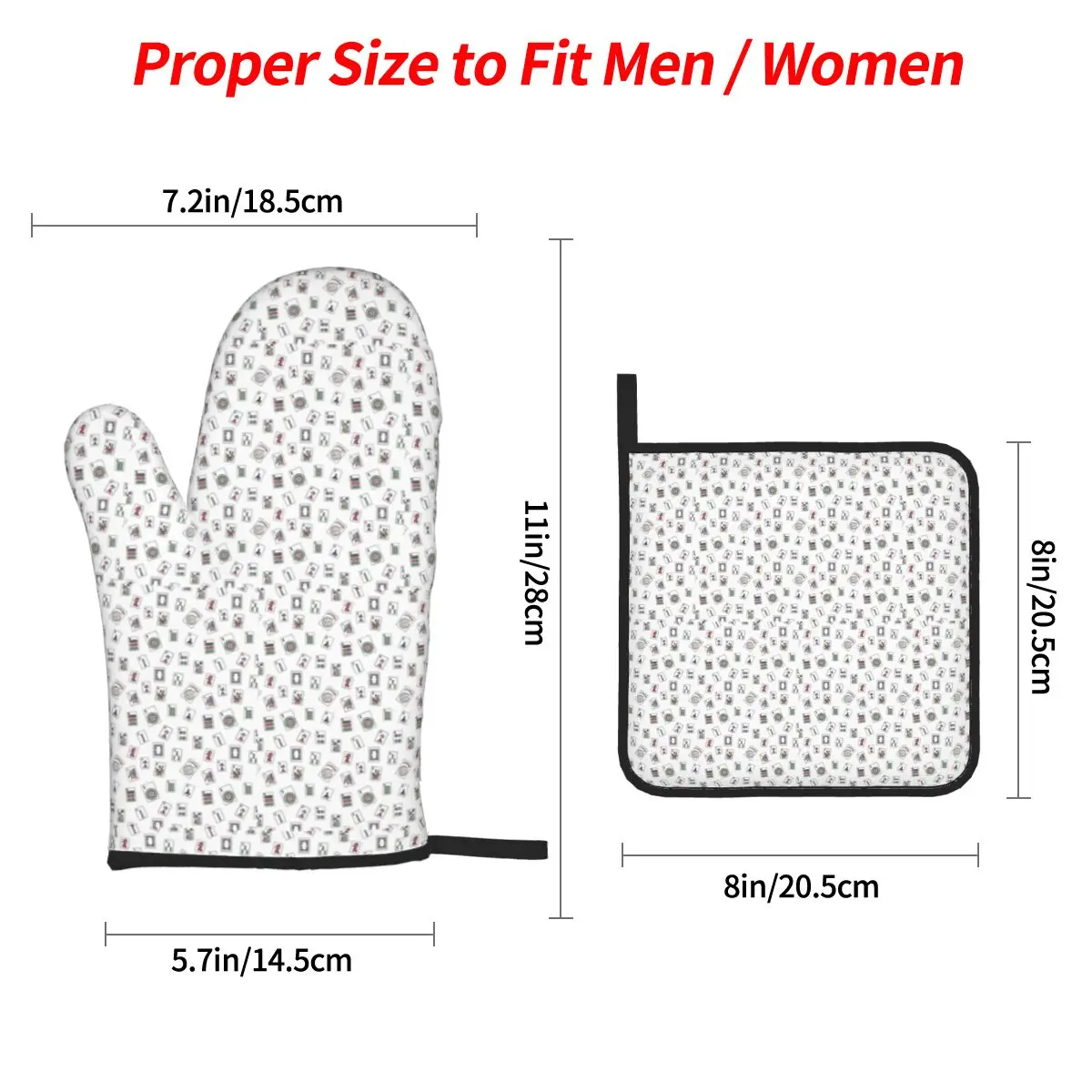 White Mahjong Oven Mitts and Pot Holder Sets of 4 for Baking Kitchen Cooking Grilling Resistant Non-Slip Gloves
