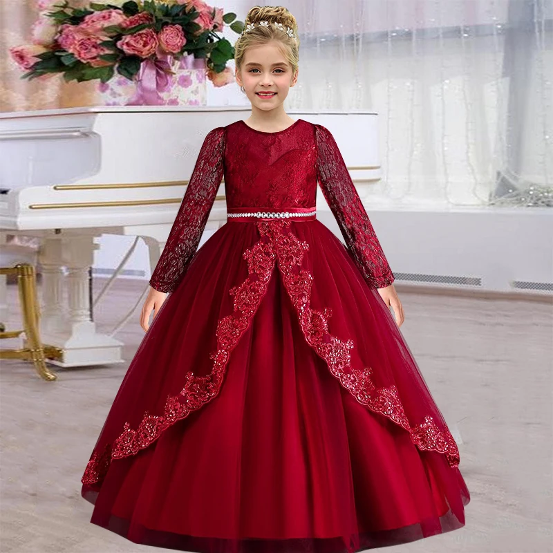 Girls\' New Long Sleeve Sequin Lace Long Dress Birthday Graduation Party Girls\' Wedding Dress Prom Evening Dress 4-12 Years Old