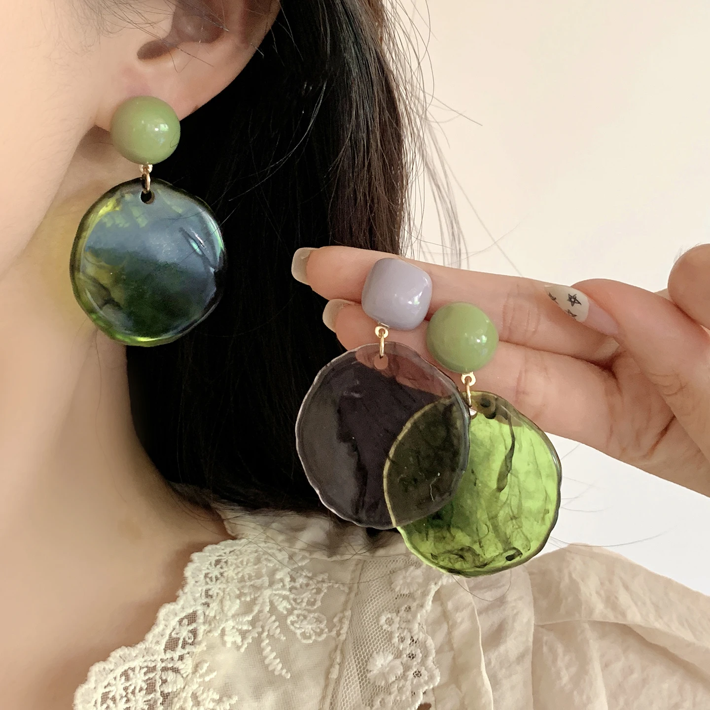 Halation Mist Dark Green Earrings Women's Purple Style Exaggerated Acrylic Irregular Round Disc Ear Clips Without Pierced Ears