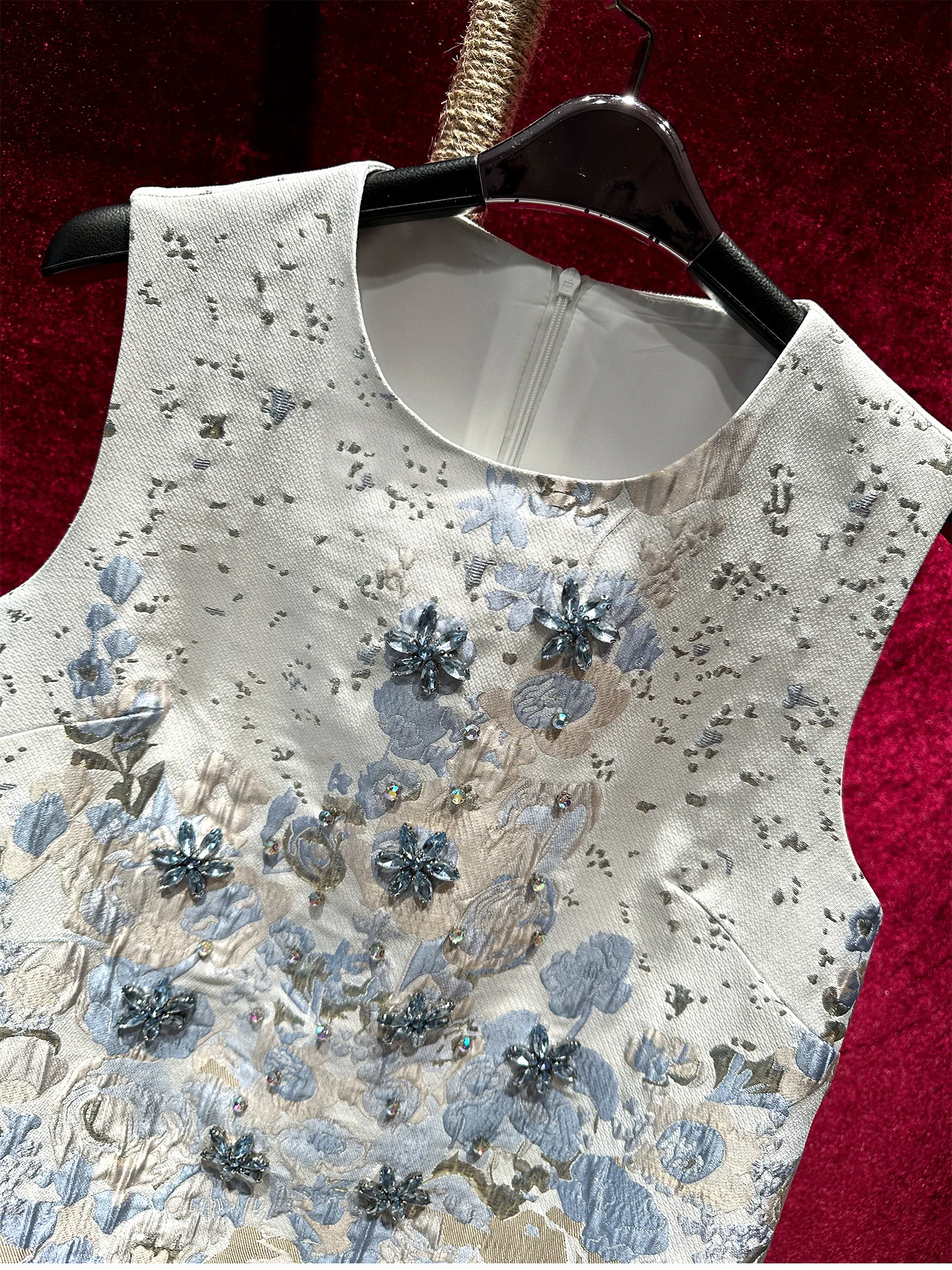 Luxury Jacquard Fabric Women Short A-line Dress High Quality Rhinestone Beads Sleeveless Loose Waist Summer Elegant Tank Dresses