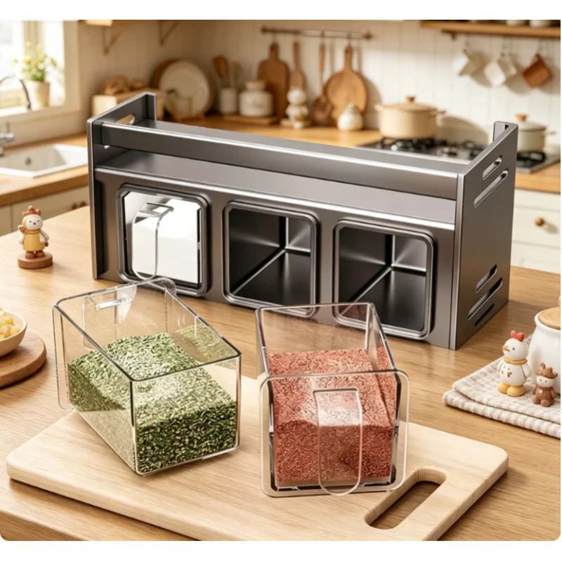Stainless Steel Wall Mounted Spice Rack Multi-grid Seasoning Container Space Saving Kitchen Organizer