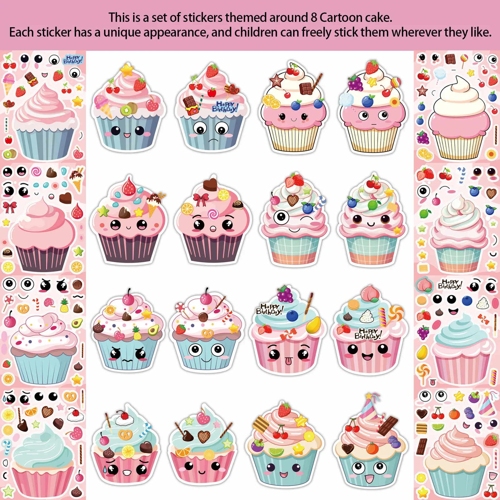 

8/16Sheets Cute Cartoon Pink Cupcakes Puzzle Stickers Make a Face DIY Assemble Jigsaw Decals Birthday Party Decoration Supplies