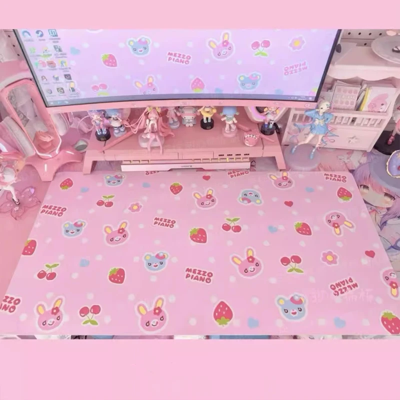 Pink Strawberry Wave Points Printed PU Leather Mouse Pad Cute Placemat Game Accessory Mouse Pad Office Desk Mat Sweet Girl Mat