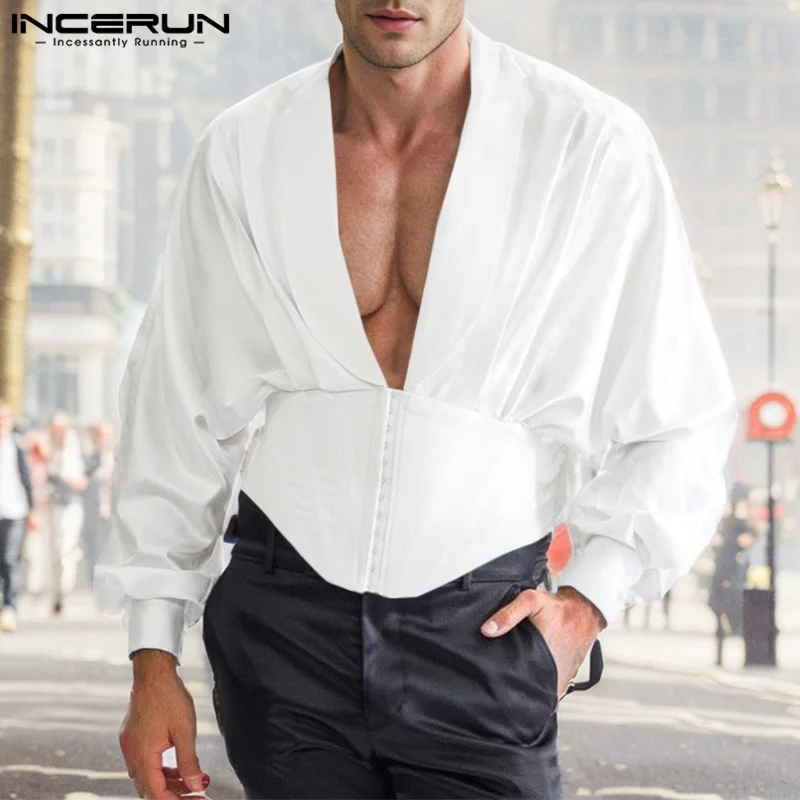 INCERUN 2024 New Men's Tops Deconstruction Waistband Design Shirts Casual Streetwear Solid All-match Long Sleeved Blouse S-5XL