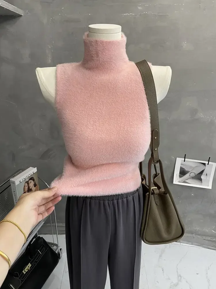 New Arrival Soft Waxy Warm Solid Color High Neck Knitted Vest Fluffy Slim Sleeveless Sweater Base Layer Shirt Crop Top