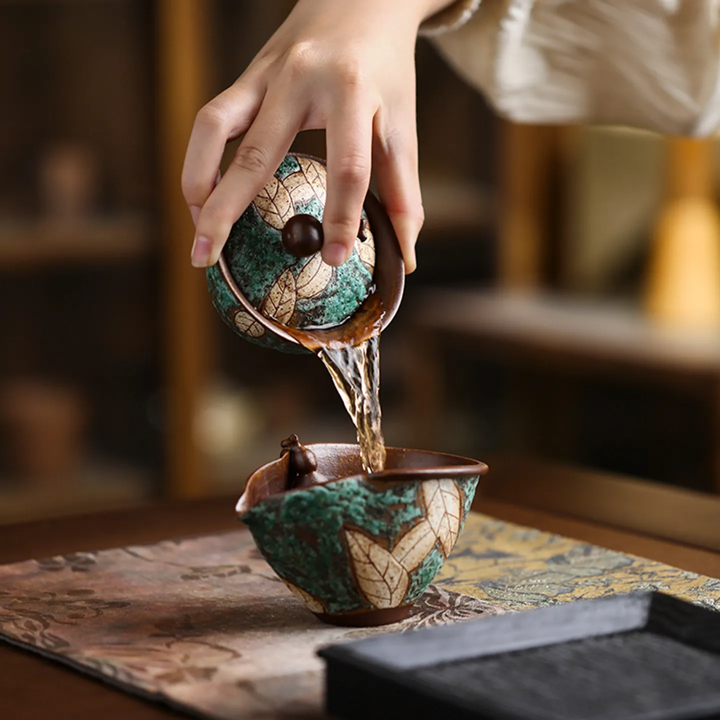 Old Rock Clay Carved Gourd Three Piece Gaiwan, Rustic Ceramic Tea Brewer for Chinese Tea Tables and Loose Leaf Brewing