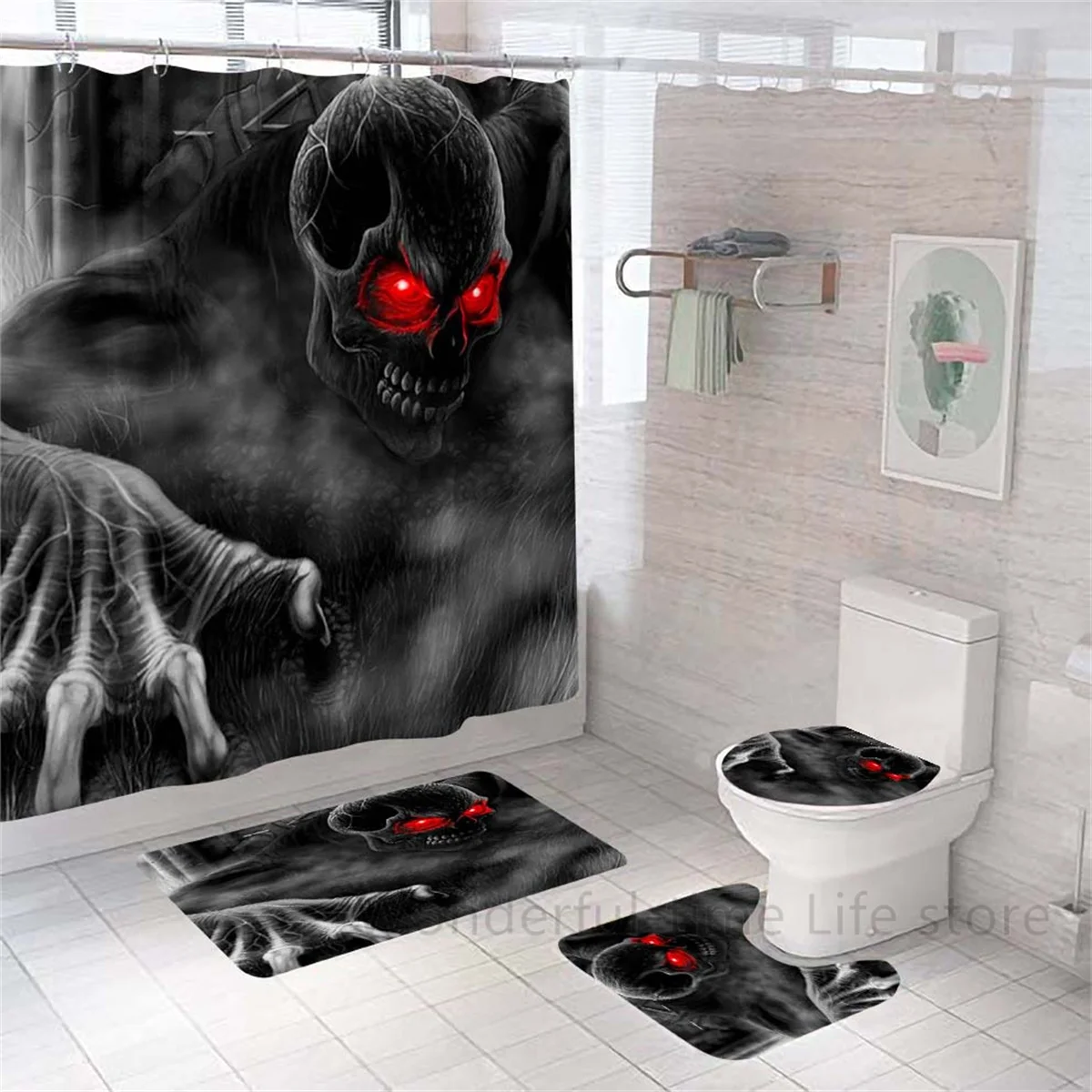 Black Skull Skeleton Print Shower Curtain Set 3D Funny Waterproof Horrible Halloween Festival Bathroom Decor Carpet Toilet Cover