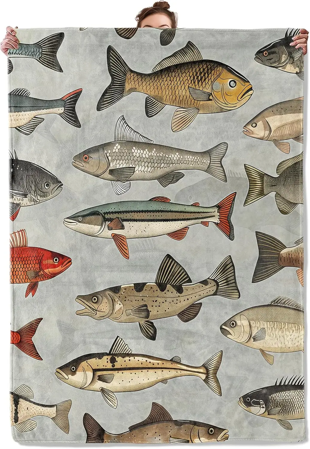Vintage Fishery Hand Painting Different River Fish Art Print Flannel Blanket Soft Throw Couch Camping Travel Indoor Home Decor