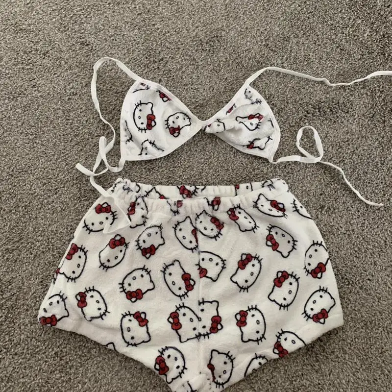 Hello Kitty piyama wanita, dua potong komik piyama Sanrio longgar pakaian rumah piyama musim panas wanita Bikini celana pendek wanita Set bra kawaii