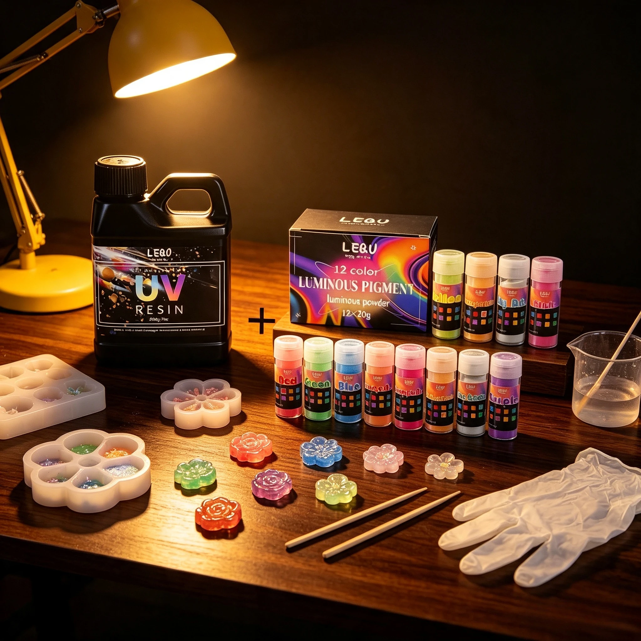 UV resin adhesive 200g+12 color luminous powder set, can be used for nail art, painting, candles, tumblers, slimes, jewelry,