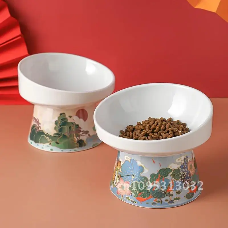 

Chinese Style Cat Small Ceramic Pet Food Water Feeders Feeding Drinking Dogs Products Cats Bowl Eating Elevated Supplies