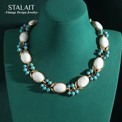 Ancient Egyptian Blue and White Stone Collar Torquse Egg Shaped Antique Jewelry Oval Chokers Necklace Women Vintage Accessories