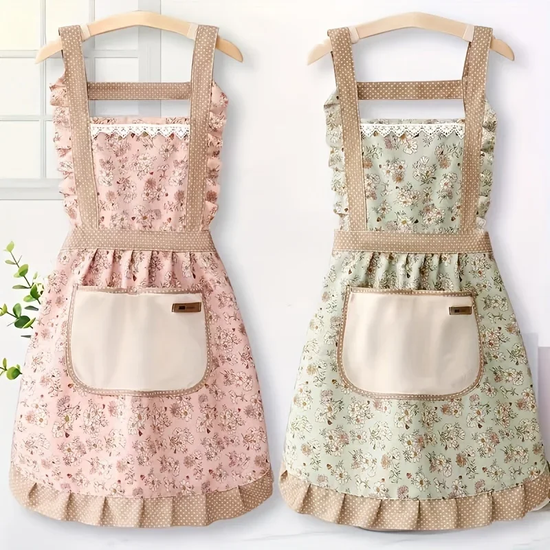 Retro Floral Ruffle Edge Apron with Rustic Style Kitchen Cooking Decoration Sweet and Eye-catching