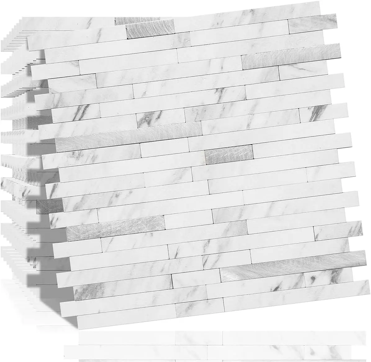 

10-Sheet Peel and Stick Backsplash Tile, Faux White Marble Look PVC Mixed Metal for Kitchen and Bathroom, 9.4 sq.ft