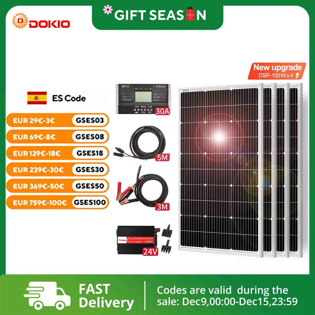 DOKIO 12V/24V 400W Waterproof Solar Panel System with 12V-230V 1000W Inverter solar system for home complete kit