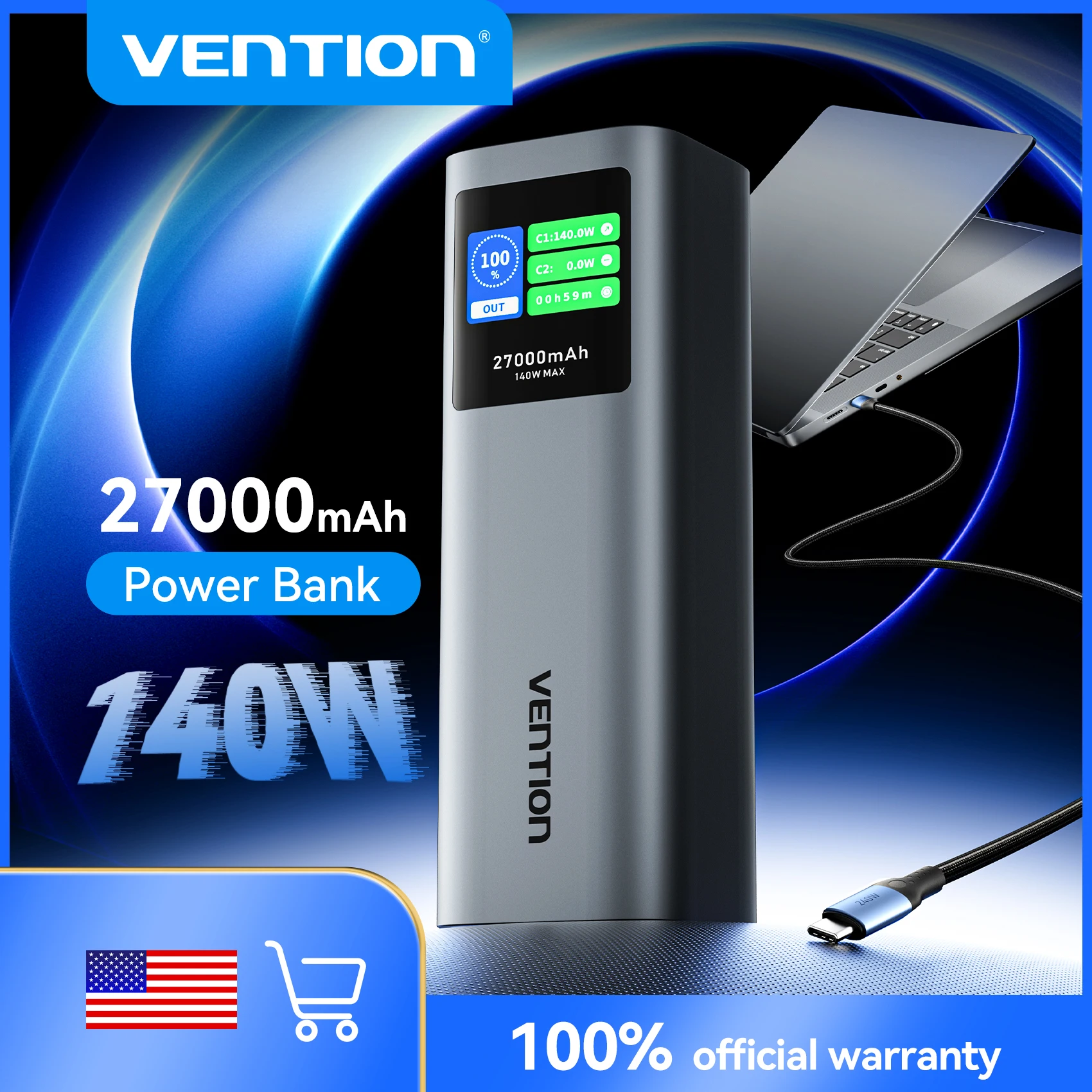 (Ship From US)Vention 27000mAh 140W Power Bank PD3.1 Fast Charging Portable PowerBank For Laptop Macbook Pro TFT Display Battery