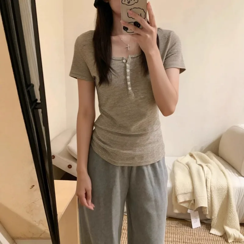 Womens Half Button Notch Neck Thin Stripe Ruched Slim Fit Short Sleeve T Shirt