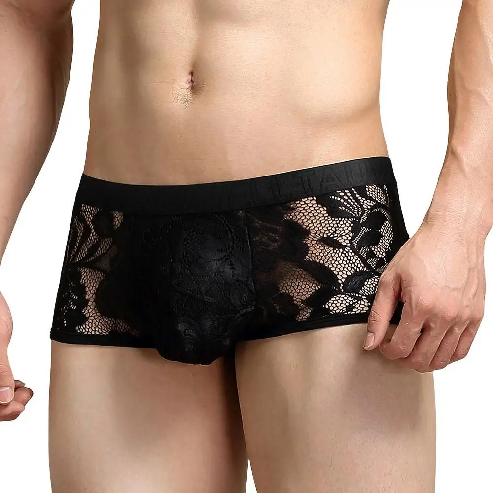 Sexy Mens Boxers Lace Transparent Mesh Underwear Underpants See Through Boxershorts Low Waist Panties Boxer for Man