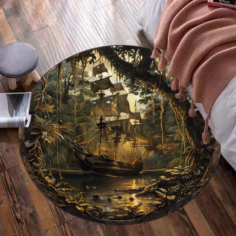 Crystal velvetround rug pirate ship jungle scene adventure decor living room bedroom rug fantasy design anti slip floor mat 3D