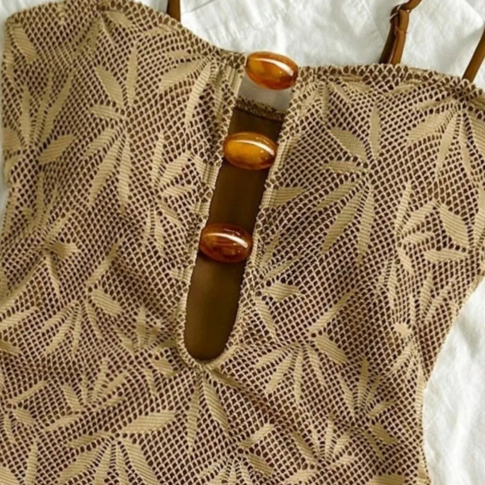 Coffee Leaves Print One Piece Swimsuit Beaded String Hollow Out Bohemian Swimwear Backless Mesh Women Bathing Suit