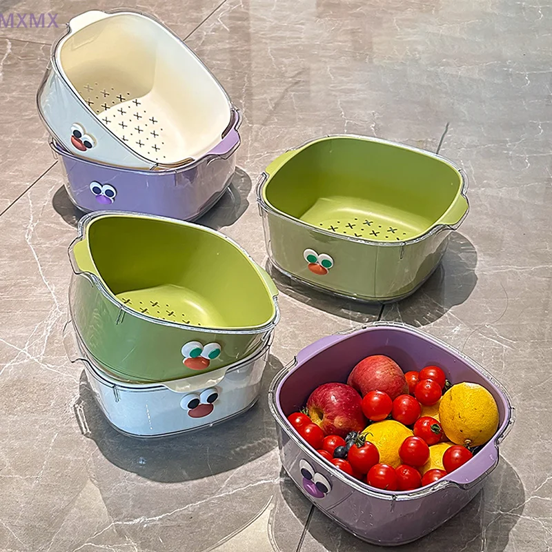 Double layer dopamine drain basket household cute fruit basket cleaning water filter thickened fruit plate basket