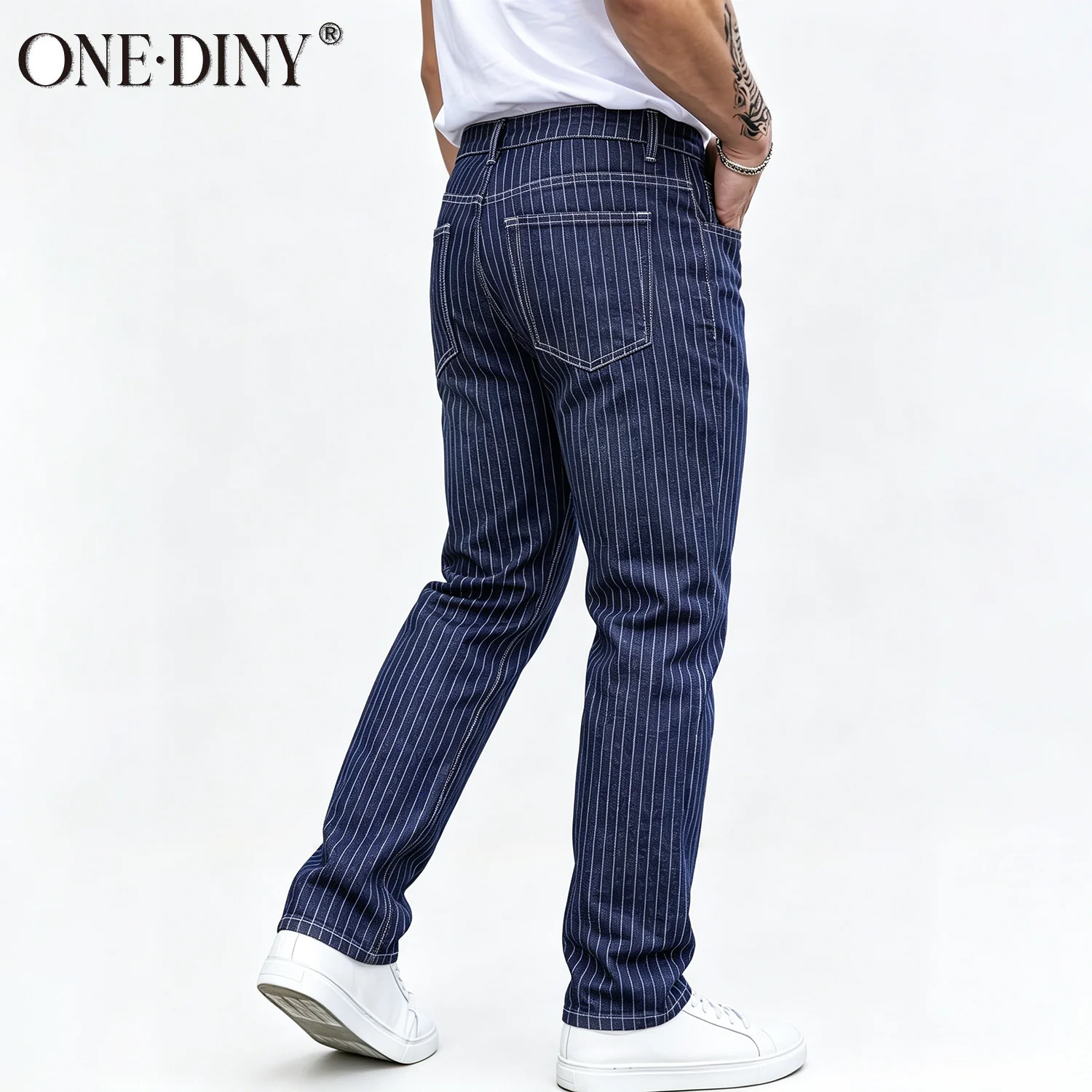 ONE·DINY Light Blue White Striped Jacquard Slim Elastic Fit Straight Leg Jeans Business Casual Style Commuting Denim Pants﻿