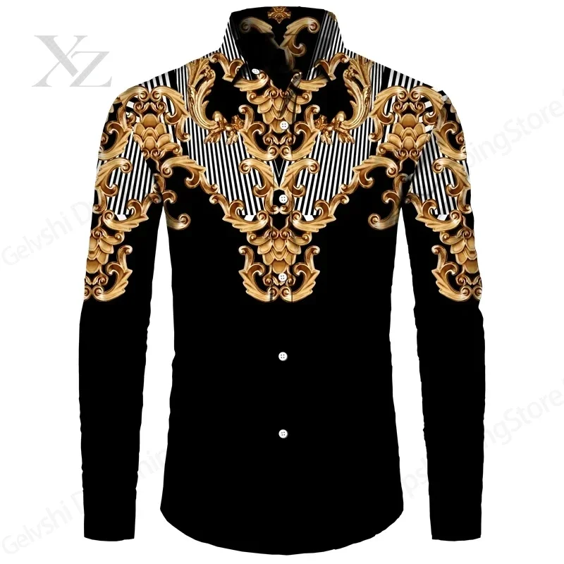 Mens Long Sleeve Hawaiian Shirt Luxury Golden Flower Chain Shirt Men Women Fashion Social Casual Shirts Men Blouse 5XL Camisa