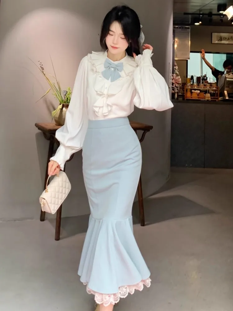 Autumn Women Elegant Shitr Skirt Two Piece Set Pull Sleeve Ruffles Bow Shirt +Bodycon Lace Patchwork Mermaid Midi Skirt OL Mujer