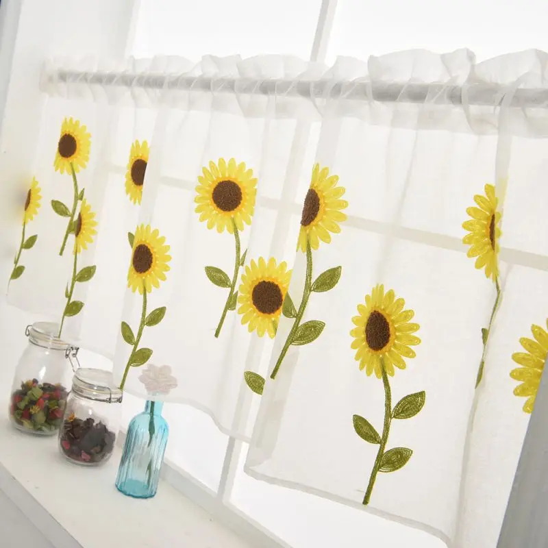 1pc Short Sheer Curtain Sunflower Embroidered Decorative Polyester Living Room Bedroom Window Curtain for Kitchen Home Decor