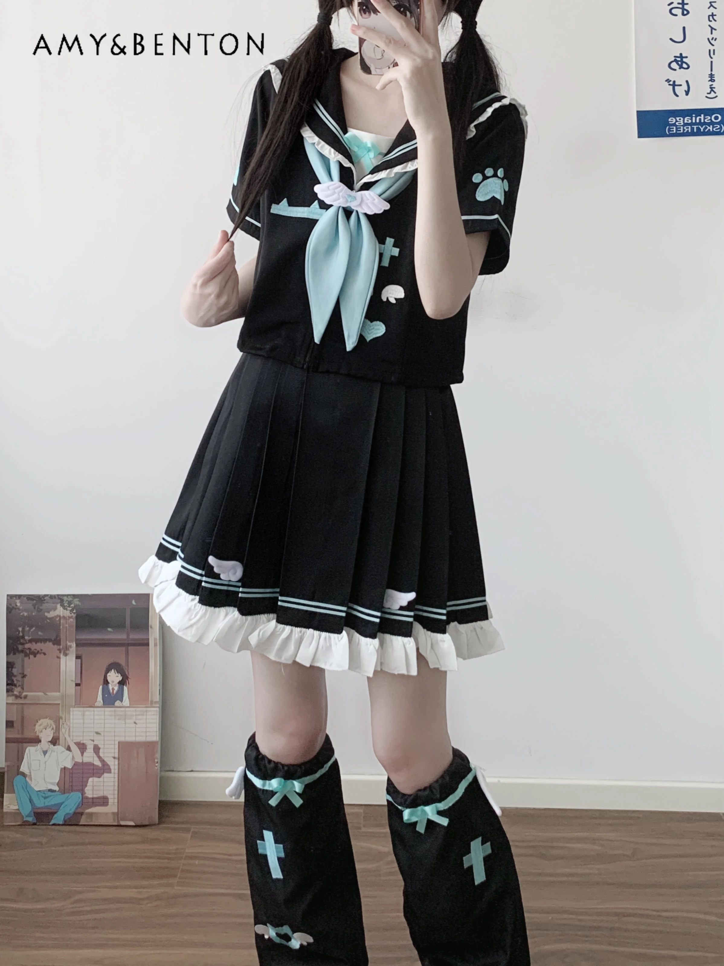 

Original JK Sailor Suit Cute Japanese Preppy Style Cartoon Embroidered Short-sleeved Shirt Pleated Skirt Two-piece Set Summer
