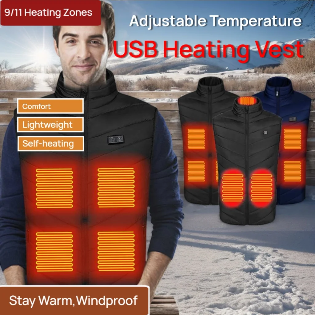 

9/11 зон USB-жилет с подогревом для мужчин и женщин, интеллектуальные куртки с электрическим подогревом, самонагревающаяся одежда, зимний теплый жилет для лыжной рыбы